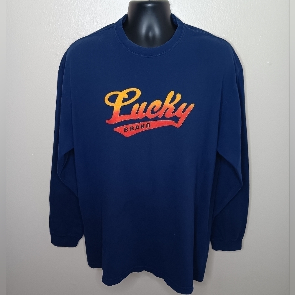 VTG 90s Lucky Brand Knit Wear Men's Large T-shirt Flocked Spell Out Navy USA